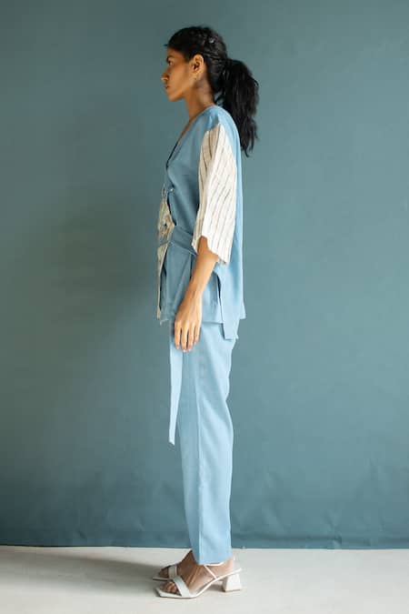 Buy_Oja_Blue Tensil Denim And Handloom Linen Embroidery Floral V Neck Top With Pant _Online_at_Aza_Fashions
