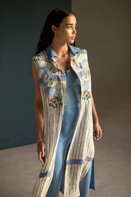 Shop_Oja_Blue Tencel, Linen, Cotton Embroidery Collared Floral Hand Jacket Pant Set _at_Aza_Fashions