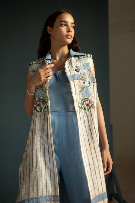 Buy_Oja_Blue Tencel, Linen, Cotton Embroidery Collared Floral Hand Jacket Pant Set _Online_at_Aza_Fashions