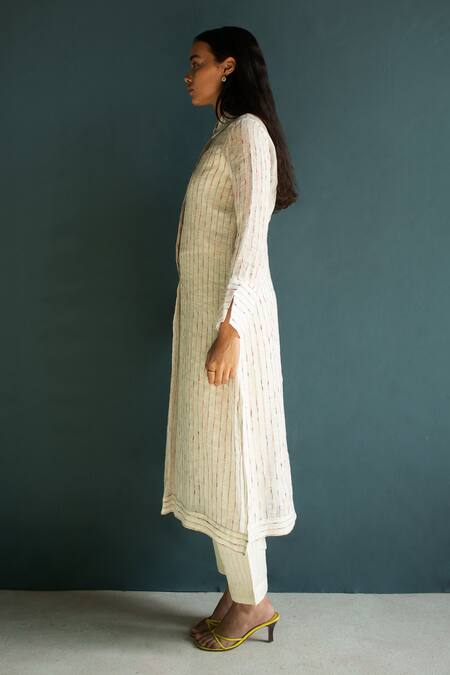 Shop_Oja_Ivory Handloom Cotton, Linen Embroidery Collared Floral Bloom Kurta And Pant Set _Online_at_Aza_Fashions