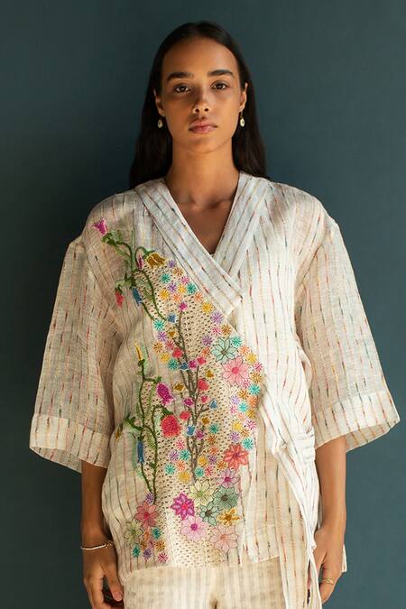 Oja_Ivory Linen Embroidery V-neck Floral Bloom Long Top With Pant _Online_at_Aza_Fashions
