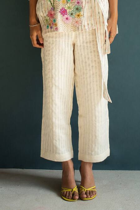 Buy_Oja_Ivory Linen Embroidery V-neck Floral Bloom Long Top With Pant _Online_at_Aza_Fashions