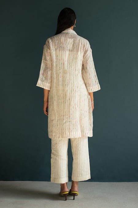 Shop_Oja_Ivory Handloom Cotton, Linen Embroidery Floral Bloom Jacket Kurta With Pant _at_Aza_Fashions