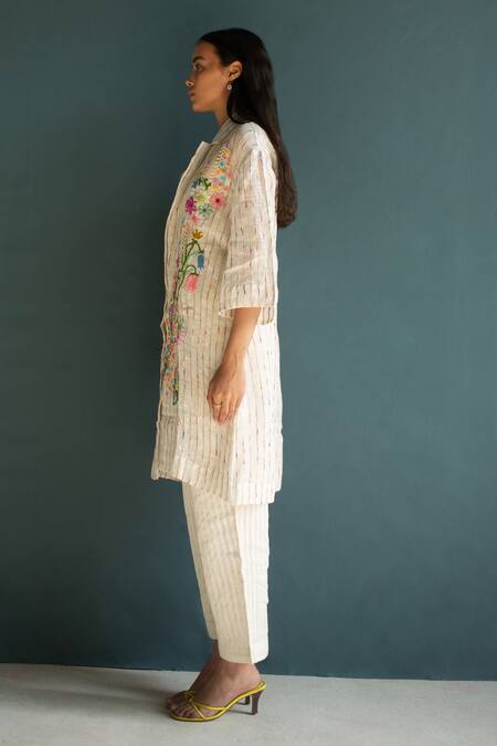 Shop_Oja_Ivory Handloom Cotton, Linen Embroidery Floral Bloom Jacket Kurta With Pant _Online_at_Aza_Fashions