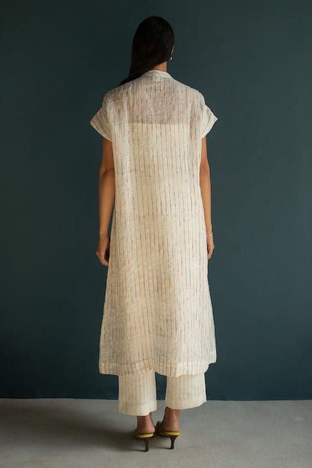 Shop Oja Ivory Handloom Cotton, Linen Embroidery Collared Floral Bloom Tunic With Pant at Aza Fashions Shop_Oja_Ivory Handloom Cotton, Linen Embroidery Collared Floral Bloom Tunic With Pant _at_Aza_Fashions