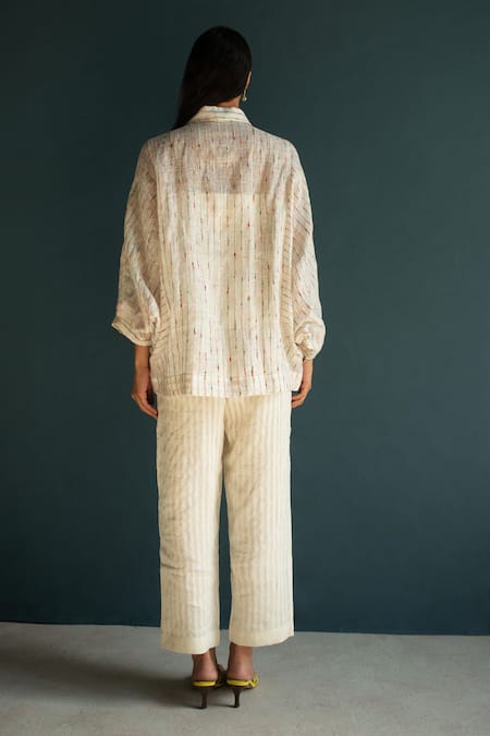 Shop Oja Ivory Linen Embroidery Collared Floral Bloom Shirt With Pant at Aza Fashions Shop_Oja_Ivory Linen Embroidery Collared Floral Bloom Shirt With Pant _at_Aza_Fashions