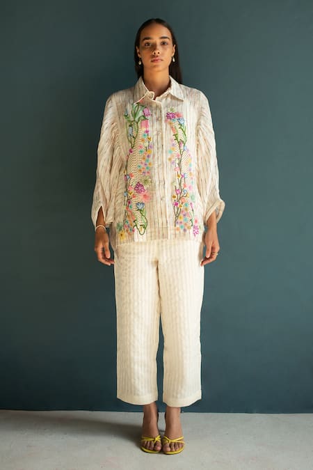Buy Oja Ivory Linen Embroidery Collared Floral Bloom Shirt With Pant Online at Aza Fashions Buy_Oja_Ivory Linen Embroidery Collared Floral Bloom Shirt With Pant _Online_at_Aza_Fashions