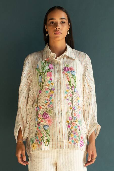 Shop Oja Ivory Linen Embroidery Collared Floral Bloom Shirt With Pant Online at Aza Fashions Shop_Oja_Ivory Linen Embroidery Collared Floral Bloom Shirt With Pant _Online_at_Aza_Fashions