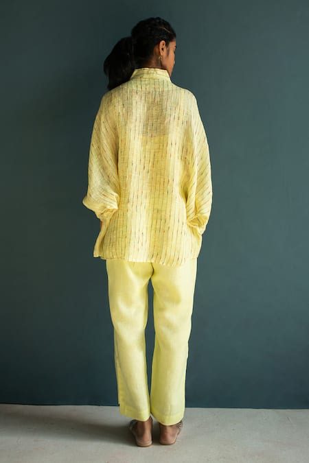 Shop Oja Yellow Linen Embroidery Collared Flower Bloom Shirt With Pant at Aza Fashions Shop_Oja_Yellow Linen Embroidery Collared Flower Bloom Shirt With Pant _at_Aza_Fashions