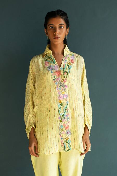 Oja Yellow Linen Embroidery Collared Flower Bloom Shirt With Pant Online at Aza Fashions Oja_Yellow Linen Embroidery Collared Flower Bloom Shirt With Pant _Online_at_Aza_Fashions