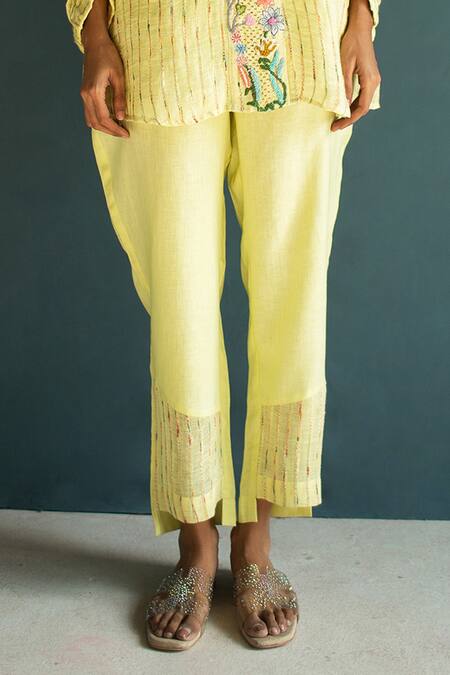 Buy Oja Yellow Linen Embroidery Collared Flower Bloom Shirt With Pant Online at Aza Fashions Buy_Oja_Yellow Linen Embroidery Collared Flower Bloom Shirt With Pant _Online_at_Aza_Fashions