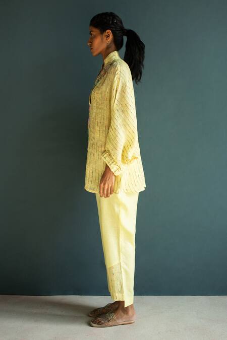 Shop Oja Yellow Linen Embroidery Collared Flower Bloom Shirt With Pant Online at Aza Fashions Shop_Oja_Yellow Linen Embroidery Collared Flower Bloom Shirt With Pant _Online_at_Aza_Fashions