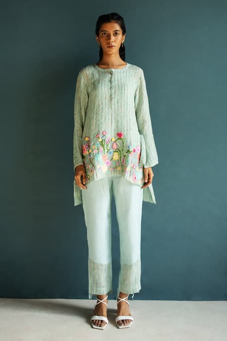 Oja Flower Bloom Embroidered Long Top With Pant 