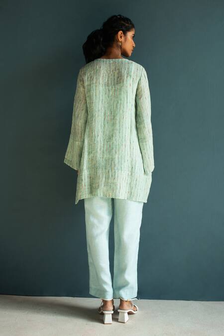 Shop_Oja_Blue Linen Embroidery Round Neck Flower Bloom Long Top With Pant _at_Aza_Fashions