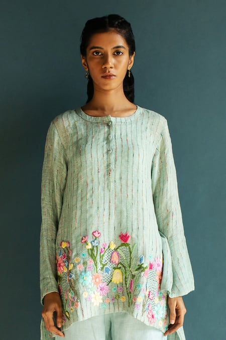 Oja_Blue Linen Embroidery Round Neck Flower Bloom Long Top With Pant _Online_at_Aza_Fashions