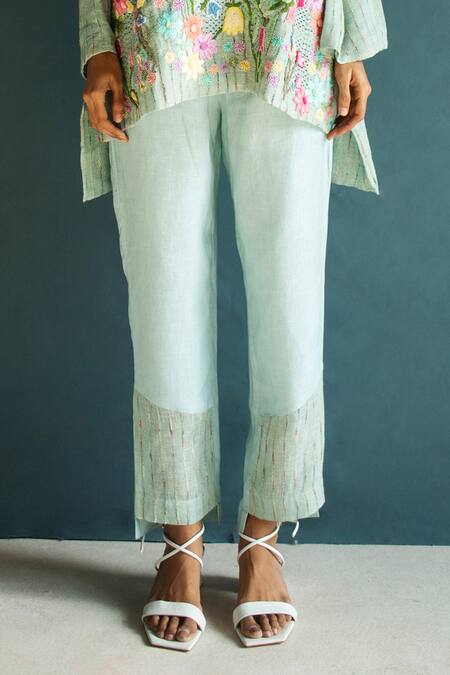 Buy_Oja_Blue Linen Embroidery Round Neck Flower Bloom Long Top With Pant _Online_at_Aza_Fashions