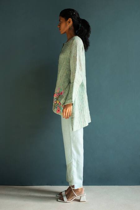 Shop_Oja_Blue Linen Embroidery Round Neck Flower Bloom Long Top With Pant _Online_at_Aza_Fashions