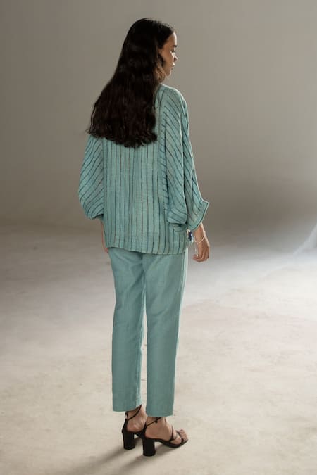 Shop_Oja_Blue Handloom Cotton, Linen Embroidery Collared Shirt With Pant _at_Aza_Fashions