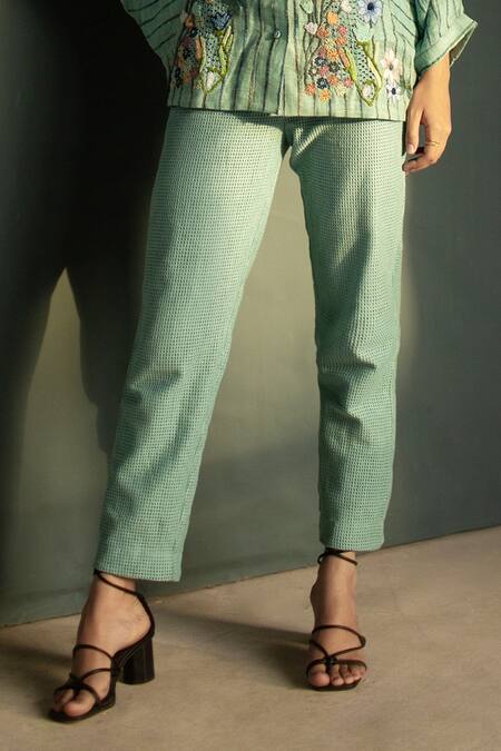 Oja_Blue Handloom Cotton, Linen Embroidery Collared Shirt With Pant _Online_at_Aza_Fashions