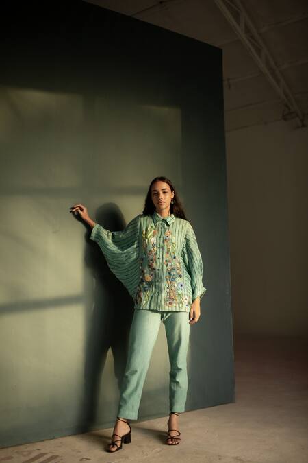 Buy_Oja_Blue Handloom Cotton, Linen Embroidery Collared Shirt With Pant _Online_at_Aza_Fashions