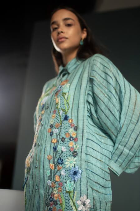 Shop_Oja_Blue Handloom Cotton, Linen Embroidery Collared Shirt With Pant _Online_at_Aza_Fashions