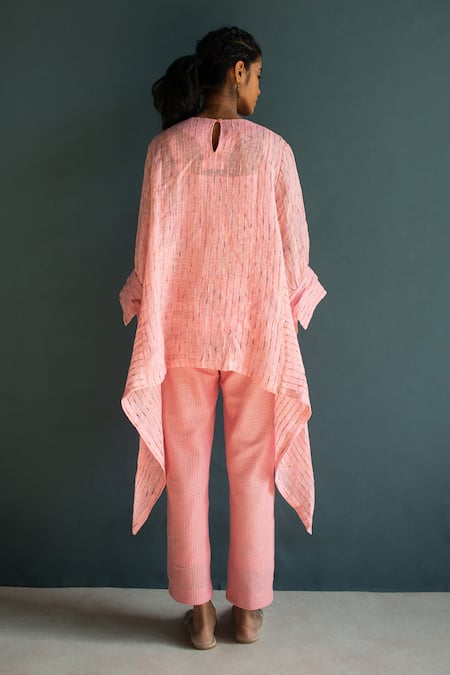 Shop_Oja_Pink Linen Embroidery Round Neck Asymmetric Floral Top With Pant _at_Aza_Fashions