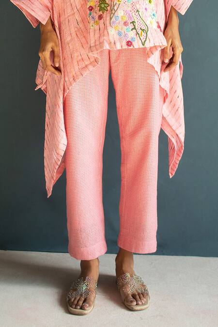 Oja_Pink Linen Embroidery Round Neck Asymmetric Floral Top With Pant _Online_at_Aza_Fashions