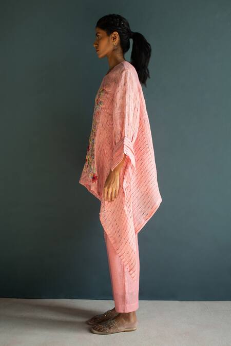 Buy_Oja_Pink Linen Embroidery Round Neck Asymmetric Floral Top With Pant _Online_at_Aza_Fashions