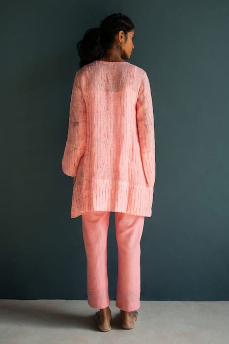 Shop Oja Pink Handloom Cotton, Linen Embroidery Round Neck High Low Floral Top With Pant at Aza Fashions Shop_Oja_Pink Handloom Cotton, Linen Embroidery Round Neck High Low Floral Top With Pant _at_Aza_Fashions
