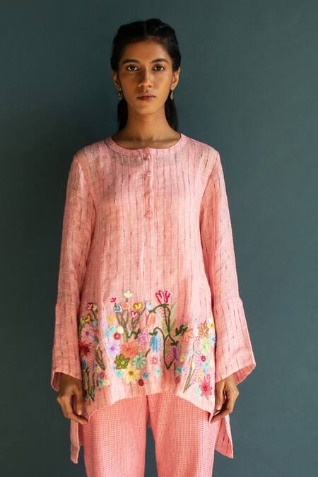 Oja Pink Handloom Cotton, Linen Embroidery Round Neck High Low Floral Top With Pant Online at Aza Fashions Oja_Pink Handloom Cotton, Linen Embroidery Round Neck High Low Floral Top With Pant _Online_at_Aza_Fashions