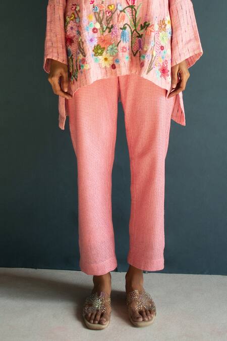 Buy Oja Pink Handloom Cotton, Linen Embroidery Round Neck High Low Floral Top With Pant Online at Aza Fashions Buy_Oja_Pink Handloom Cotton, Linen Embroidery Round Neck High Low Floral Top With Pant _Online_at_Aza_Fashions