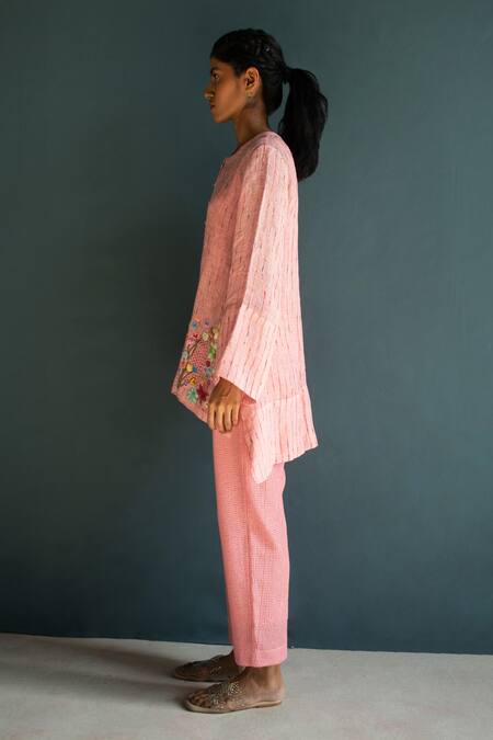 Shop Oja Pink Handloom Cotton, Linen Embroidery Round Neck High Low Floral Top With Pant Online at Aza Fashions Shop_Oja_Pink Handloom Cotton, Linen Embroidery Round Neck High Low Floral Top With Pant _Online_at_Aza_Fashions