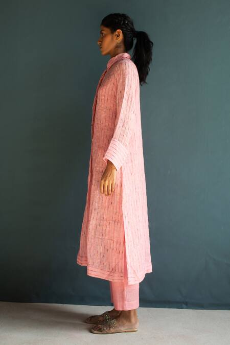 Oja_Pink Handloom Cotton, Linen Embroidery Collared Kurta With Pant _Online_at_Aza_Fashions