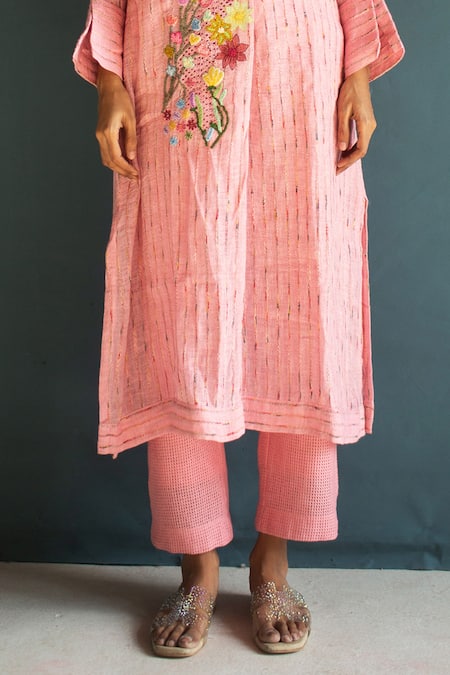 Shop_Oja_Pink Handloom Cotton, Linen Embroidery Collared Kurta With Pant _Online_at_Aza_Fashions