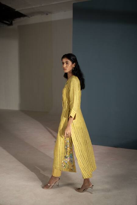 Oja_Yellow Linen Embroidery V-neck Handloom Tunic With Pant _Online_at_Aza_Fashions