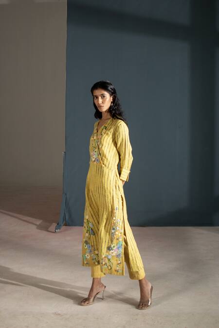 Shop_Oja_Yellow Linen Embroidery V-neck Handloom Tunic With Pant _Online_at_Aza_Fashions