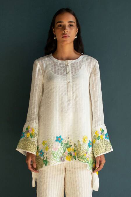 Oja_Ivory Linen Embroidery Round Neck Placement Long Top With Pant _Online_at_Aza_Fashions