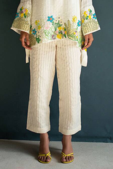 Buy_Oja_Ivory Linen Embroidery Round Neck Placement Long Top With Pant _Online_at_Aza_Fashions