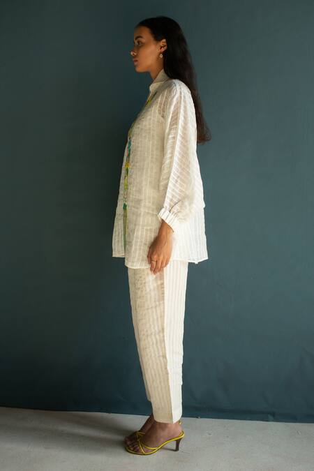 Oja Ivory Linen Embroidery Collared Placement Shirt With Pant Online at Aza Fashions Oja_Ivory Linen Embroidery Collared Placement Shirt With Pant _Online_at_Aza_Fashions