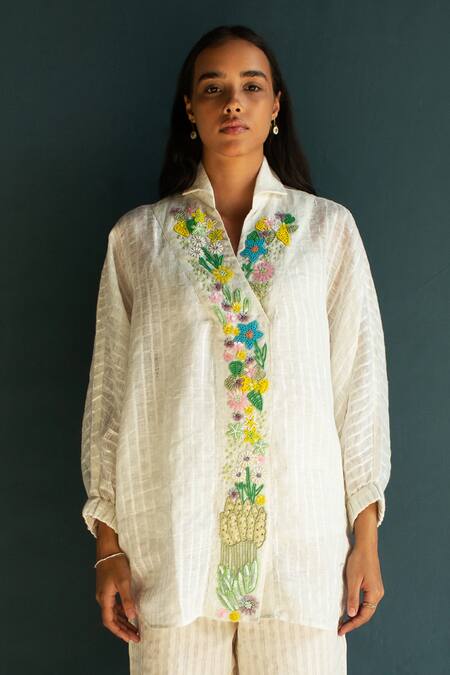 Buy Oja Ivory Linen Embroidery Collared Placement Shirt With Pant Online at Aza Fashions Buy_Oja_Ivory Linen Embroidery Collared Placement Shirt With Pant _Online_at_Aza_Fashions