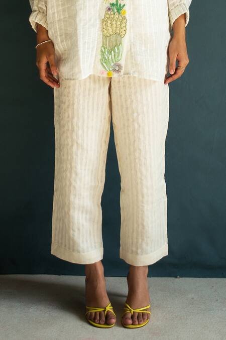 Shop Oja Ivory Linen Embroidery Collared Placement Shirt With Pant Online at Aza Fashions Shop_Oja_Ivory Linen Embroidery Collared Placement Shirt With Pant _Online_at_Aza_Fashions