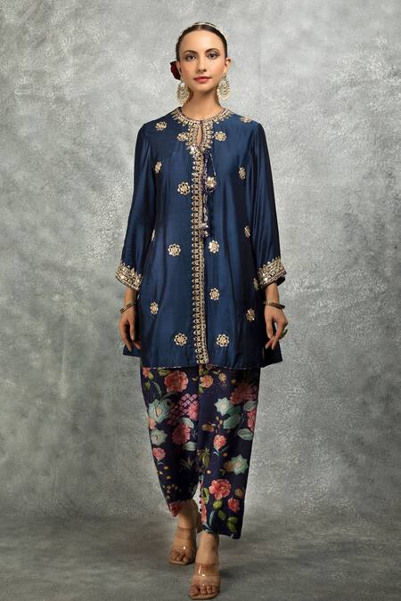 Tanu Malhotra_Blue Cotton, Silk, Organza Embroidery, Gota Patti, Mirrors Kurta Salwar Pant Set _Online_at_Aza_Fashions