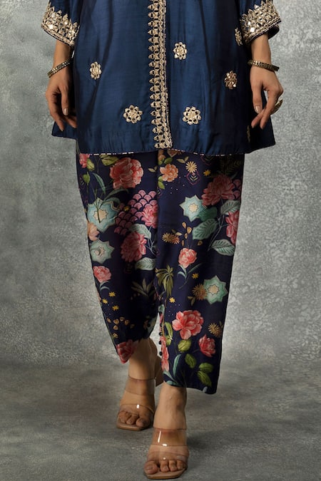 Buy_Tanu Malhotra_Blue Cotton, Silk, Organza Embroidery, Gota Patti, Mirrors Kurta Salwar Pant Set _Online_at_Aza_Fashions