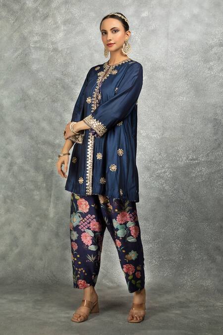 Shop_Tanu Malhotra_Blue Cotton, Silk, Organza Embroidery, Gota Patti, Mirrors Kurta Salwar Pant Set _Online_at_Aza_Fashions