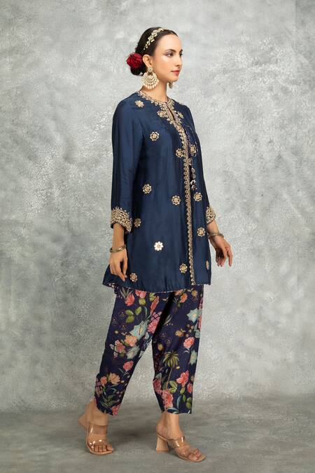 Tanu Malhotra_Blue Cotton, Silk, Organza Embroidery, Gota Patti, Mirrors Kurta Salwar Pant Set _at_Aza_Fashions