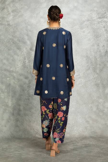 Buy_Tanu Malhotra_Blue Cotton, Silk, Organza Embroidery, Gota Patti, Mirrors Kurta Salwar Pant Set 