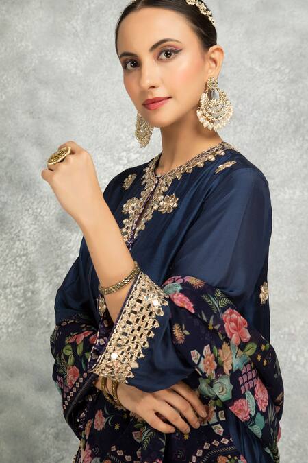 Shop_Tanu Malhotra_Blue Cotton, Silk, Organza Embroidery, Gota Patti, Mirrors Kurta Salwar Pant Set 