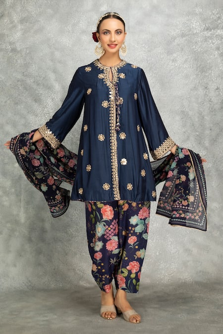 Tanu Malhotra Blue Kurta And Pant Cotton Silk Embroidered Mirror Round Salwar Set 