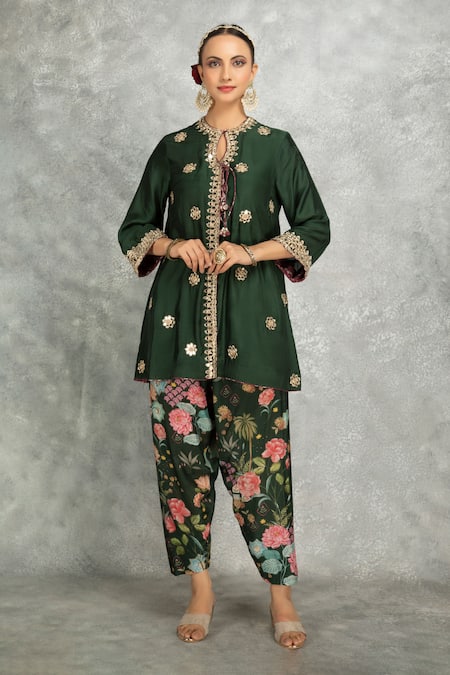 Shop Tanu Malhotra Green Cotton, Silk, Organza Embroidery, Mirrors, Beads, Kurta And Salwar Pant Set Online at Aza Fashions Shop_Tanu Malhotra_Green Cotton, Silk, Organza Embroidery, Mirrors, Beads, Kurta And Salwar Pant Set _Online_at_Aza_Fashions