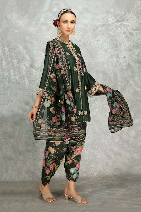 Shop Tanu Malhotra Green Cotton, Silk, Organza Embroidery, Mirrors, Beads, Kurta And Salwar Pant Set Shop_Tanu Malhotra_Green Cotton, Silk, Organza Embroidery, Mirrors, Beads, Kurta And Salwar Pant Set